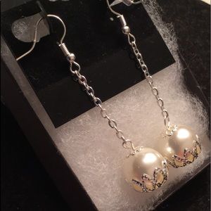 Silver Plated Cream Pearl Dangle Earrings